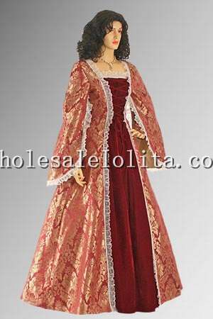 Custom Made Gold and Red Renaissance Dress Handmade from Brocade Baroque Damask & Velvet Gown