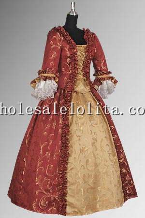 Custom Made 17th Century Red & Gold Baroque Renaissance Dress Handmade in Baroque Damask