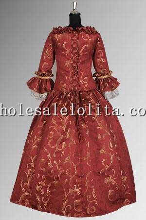 Custom Made 17th Century Red & Gold Baroque Renaissance Dress Handmade in Baroque Damask