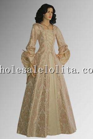 Custom Made 17th Century Renaissance Maiden Dress Gown with Hood, Handmade from Brocade
