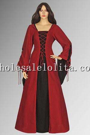 16/17th Century Red and Black Cotton Medieval Renaissance Maiden Dress Gown with Hood