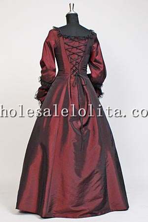 Custom Made 16/17th Century Renaissance Medieval Style Gothic Burgundy Taffeta Dress