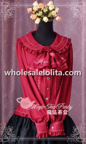 Claret Red Tie Bow Chiffon Lace Long Sleeves Lolita Blouse
