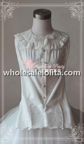 New White Long Sleeves Cotton Embroidery Lolita Blouse