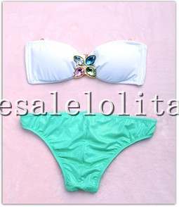 Two Piece Sexy White Halter Top & Green Itsy Bottom Bikini Set