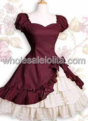 Burgundy Short Sleeves Ruffle Bow Cotton Classic Lolita Dress