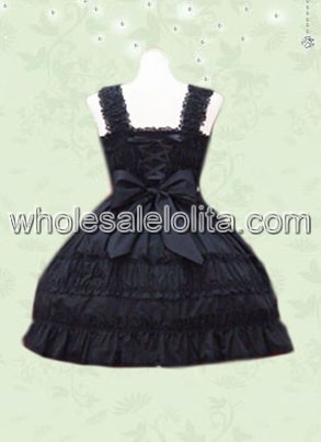 Cute Pleated Black Sleeveless Bow Cotton Classic Lolita Dress