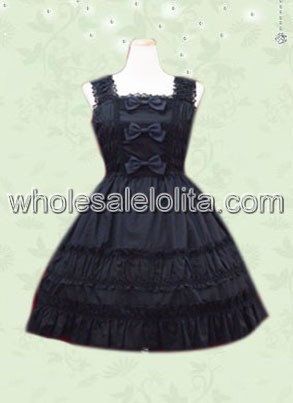 Cute Pleated Black Sleeveless Bow Cotton Classic Lolita Dress
