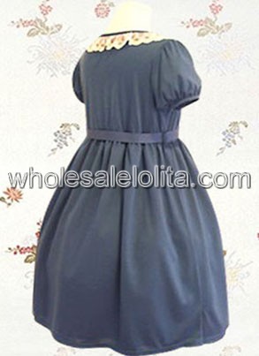Blue Short Sleeves Lace Sash Cotton Sweet Lolita Dress