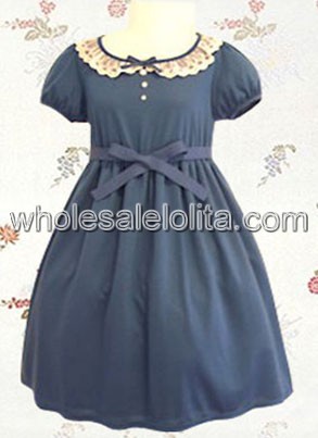 Blue Short Sleeves Lace Sash Cotton Sweet Lolita Dress