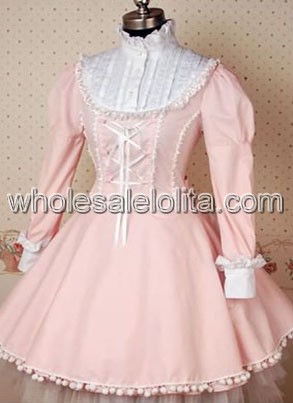 Pink and White Long Sleeve Cotton Classic Lolita Dress