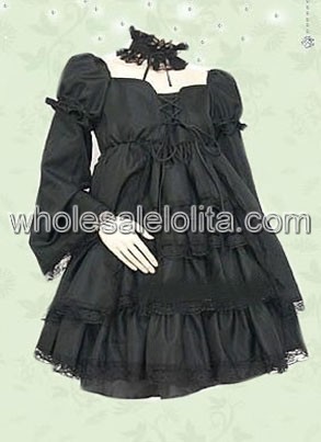 Black Multi layer Long Sleeves Cotton Gothic Lolita Dress
