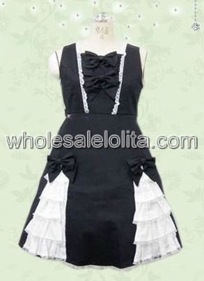 Black And White Sleeveless Bow Cotton Gothic Lolita Dress