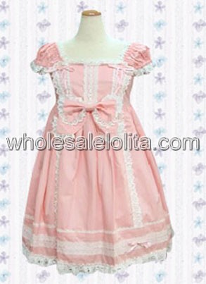 Pink Cap Sleeves Bow Lace Cotton Sweet Lolita Dress