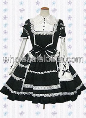 Black And White Long Sleeve Bow Lace Cotton Gothic Lolita Dress