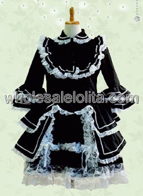 Black Trumpet Sleeves Tiered Cotton Gothic Lolita Dress