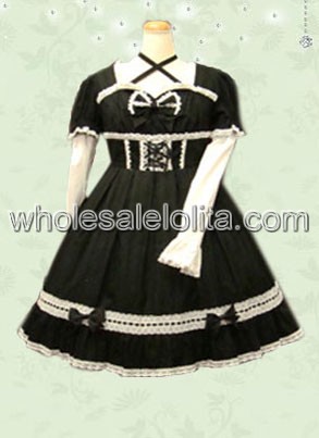 Black Front Ties Lace Cotton Gothic Lolita Dress