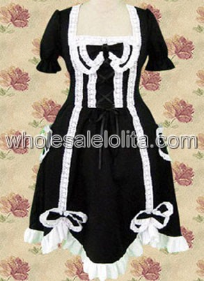 Black Bow Lace Tie Cotton Gothic Lolita Dress With Ruffle