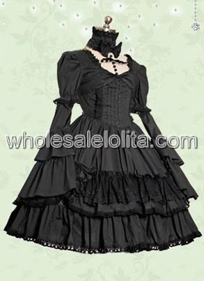 Black Long Sleeves Ruffle Cotton Gothic Lolita Dress
