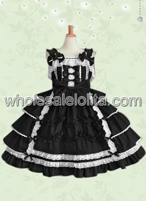 Black Sleeveless Bow Multi layer Cotton Gothic Lolita Dress