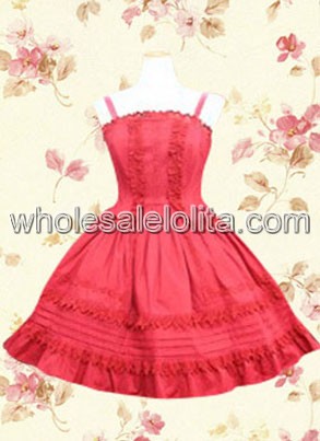 Popular Simple Red Spaghetti Pintucks Sweet Lolita Dress