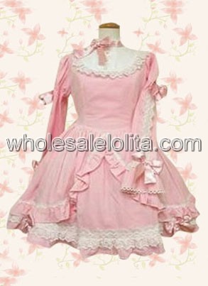 Pink Long Sleeves Bow Ruffled Lace Cotton Sweet Lolita Dress