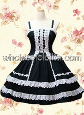 Black Spaghetti White Lace Cotton Gothic Lolita Dress