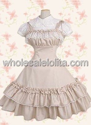 Ivory Short Sleeves Pleated Lace Cotton Classic Lolita Dress