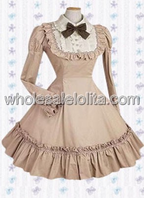 Deep Khaki Long Sleeves Pintucks Cotton Classic Lolita Dress
