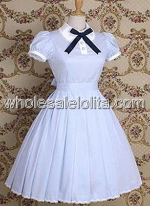 Light Blue Short Sleeves Lace Bow Cotton Classic Lolita Dress