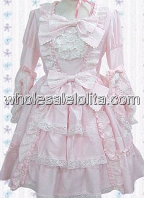 Light Pink Bow Lace Ruffles Cotton Sweet Lolita Dress