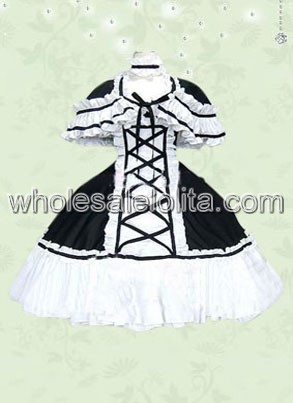Black And White Lace Ruffles Cotton Gothic Lolita Dress