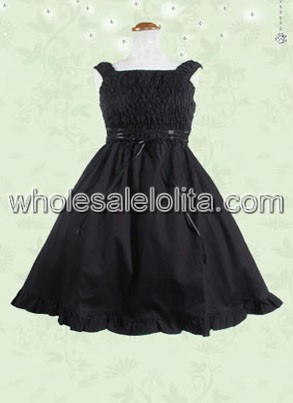 Simple Black Cotton Gothic Lolita Dress Sleeveless