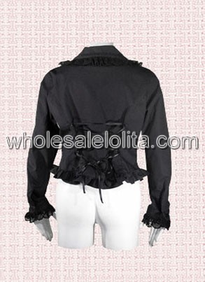 Black Long Sleeves Cotton Lolita Blouse with Bandages up back