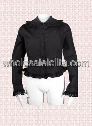 Black Long Sleeves Cotton Lolita Blouse with Bandages up back