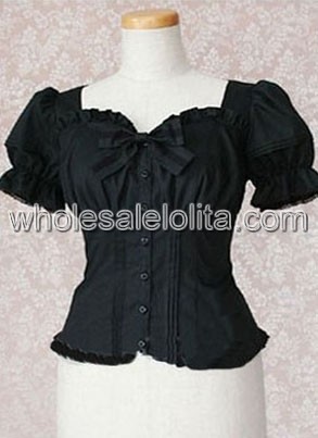 Black Sweetheart Neckline Puff Sleeves Cotton Lolita Blouse