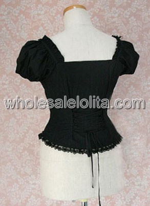 Black Puff Sleeves Cotton Lolita Blouse with A Bow Tie