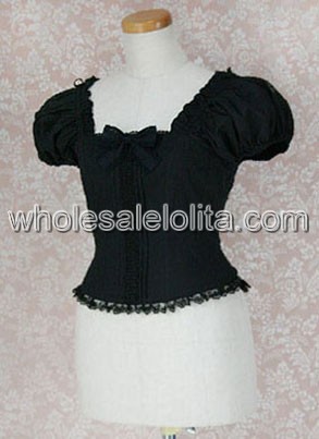 Black Puff Sleeves Cotton Lolita Blouse with A Bow Tie