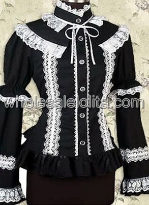 Wholesale Black Long Sleeves Bow Tie Cotton Lolita Blouse