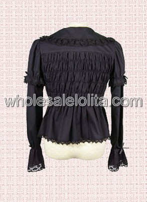 Black Long Sleeves Cotton Pleated Lolita Blouse with Lace Borders