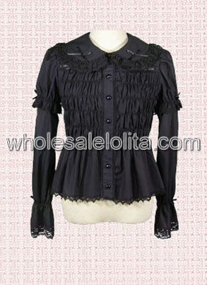 Black Long Sleeves Cotton Pleated Lolita Blouse with Lace Borders