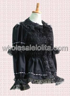 Cotton Black Long Sleeves Pleated Lolita Blouse with Lace