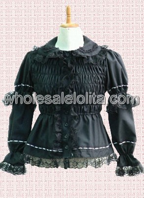 Cotton Black Long Sleeves Pleated Lolita Blouse with Lace