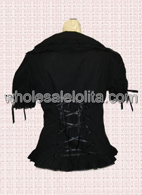 Black Puff Sleeves Cotton Lolita Blouse with Bandages