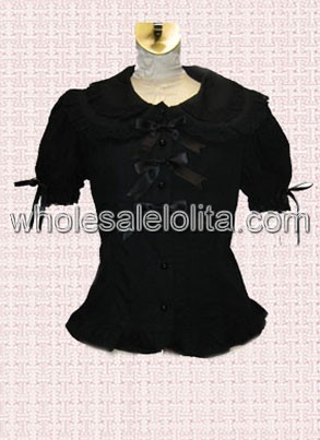 Black Puff Sleeves Cotton Lolita Blouse with Bandages