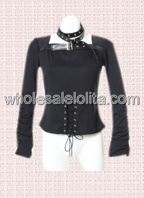 new Black Long Sleeves Cotton Lolita Blouse with Leather