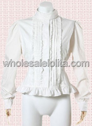 Kawaii White Pleated Stand Collar Cotton Lolita Blouse