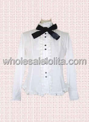 White Lace Stand Collar Long Sleeves Cotton Lolita Blouse