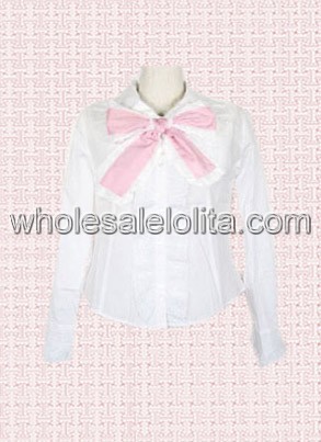 White Long Sleeves Cotton Lolita Blouse with Bow Tie