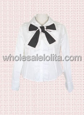 White Cotton Lace Lolita Blouse with Black Bow Tie